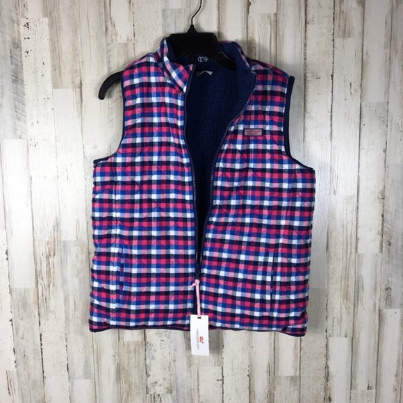 Vineyard Vines Reversible Sherpa Plaid Vest Blue - Picture 10 of 14